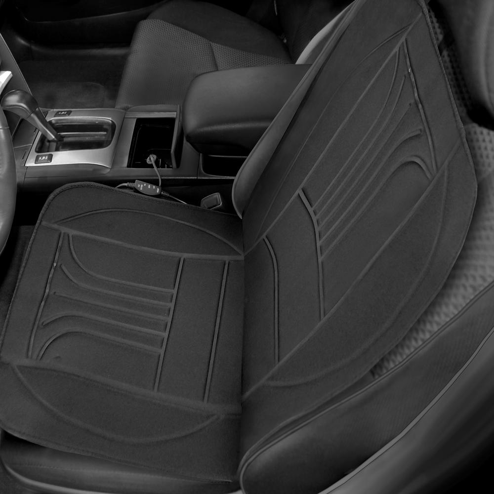 12V Car Lighter Plug Thermal Heated Cushion – Black Front Seat Cover SWHCUS+CP – With Dust Caps
